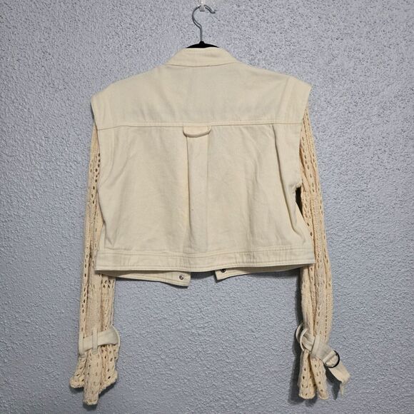 Blue B Womens Cropped Corduroy Crochet Open Knit Bell Sleeves Jacket Size S - Picture 3 of 7